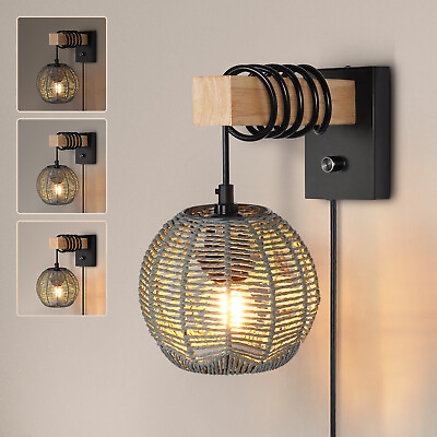 #ad Unmovable Swing Arm Wall Lamp Vintage Rattan Shade For Bedroom Living Room Decor $34.19