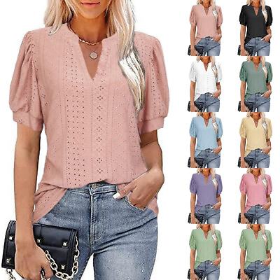 #ad Womens V Neck Short Puff Sleeve Hollow Out T Shirt Tops Ladies Summer Blouse Tee $30.19