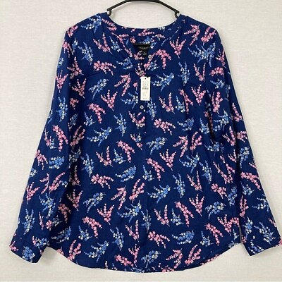 #ad New Talbots Navy Pink Floral Long Sleeve Popover Cotton Blouse Small $24.00