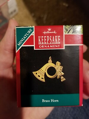 #ad 1990 Hallmark Keepsake Miniature Ornament Brass Horn NIB NEW IN BOX $9.99