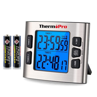 #ad ThermoPro TM02 Digital Kitchen Timer Dual Countdown Stop Watches Magnetic Silver $13.49