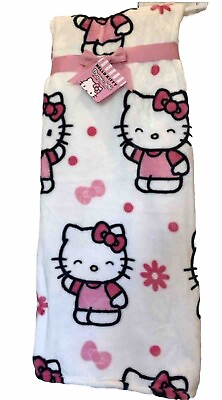 #ad Hello Kitty Daisy Bow Plush Pink amp; White Throw Blanket Sanrio Polyester New $33.99
