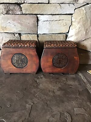 #ad Vintage Chinese Wooden Keepsake Box w Hinged Rattan Lid Set Of 2 $28.00