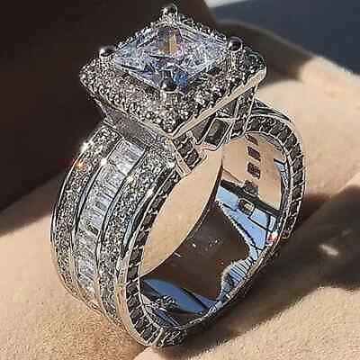 #ad Full Iced Engagement Wedding Ring Luxury Simulated Diamond Silver Plated Elegant $13.99
