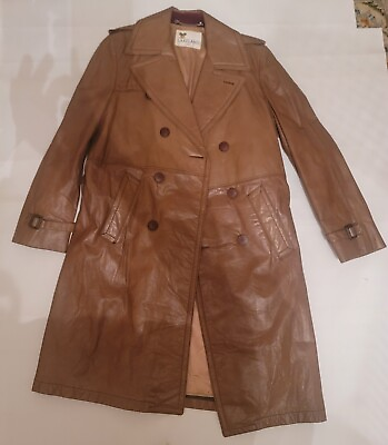#ad Vintage Lakeland Brown Lined Double Breast Leather Belted Coat 40 MINT $219.00