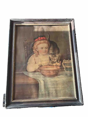 #ad Victorian Colored Lithograph Girl Feeding Cat Bowl of Milk Antique $145.00