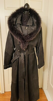 #ad Black Leather Women#x27;s Genuine Lambskin Winter Long Coat amp;Hood Fox Fur XL 1X New $250.00