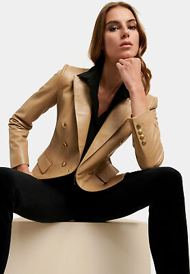 #ad BEIGE Party Blazer Stylish Button Real Genuine Lambskin Leather Classic Women $150.00