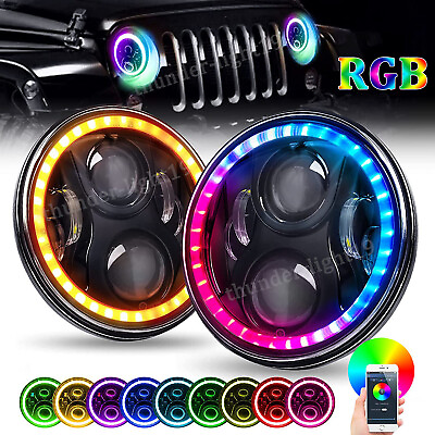 #ad 2Pcs RGB 7#x27;#x27; Halo LED Headlights DRL Lights Combo Kit For Jeep Wrangler JK TJ LJ $86.99