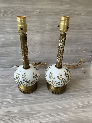 #ad Vintage Pair MCM flowers Metal Brass Color 14” Table Lamps. see photos $83.99