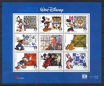 #ad Portugal Disney 100th Birthday of Walt Disney Sheet of 9 Stamps MNH $3.50