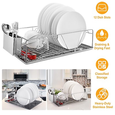 #ad Kitchen Stainless Steel Dish Drying Rack with Cutlery Holder Drainer Organizer $36.99