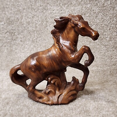 #ad Vintage Ceramic Wood Look Horse Figurine 8”H X 8” L 1960’s $15.40