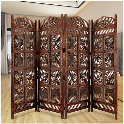 #ad Mid century room divider screen Handamde Wooden carved4 panel folding partition $699.00