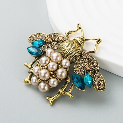 #ad Retro Imitation Pearl Bee Insect Gemstone and Crystal Brooch $14.99