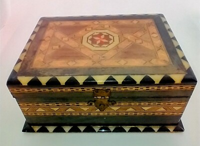 #ad Vintage Spanish Inlaid Wooden Marquetry Box Geometric Pattern Red Velvet Lined $22.50