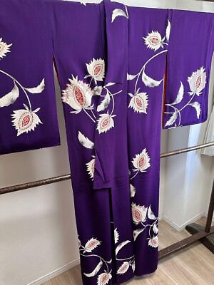 #ad Japanese Retro Pure Silk Kimono Antique Taisho 158 Dark Purple Tall Size $182.82