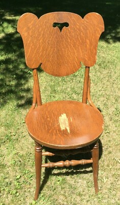 #ad **Vintage ANTIQUE DINING CHAIR FLAMED MAPLE SCROLL CUT ROUND SEAT ELEPHANT HEAD $85.00