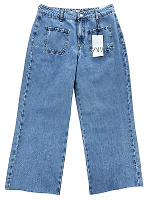 #ad Zara Women#x27;s Size 8 High Rise Wide Leg Cropped Jeans Patch Pocket Raw Hem NWT $32.95