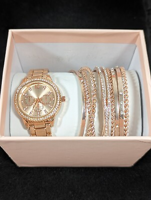 #ad Womens Rose Gold Tone Crystal Accent Bracelet Watch 7.5 in Bangle Set of 8 $13.99