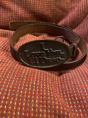 #ad VTG Adezy Brass Buckle Leather Belt I Love El Paso Fits Waist 27 31 Inches USA $15.99