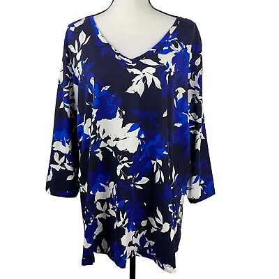 #ad Jessica London Women#x27;s Tunic Top 2X 26 28 Blue Floral V Neck 3 4 Sleeve Tee $14.99