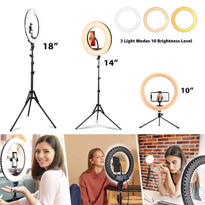 #ad 10quot; 14quot; 18quot; Selfie LED Ring Light Kit amp; Tripod Stand Phone Holder for Live Steam $16.99