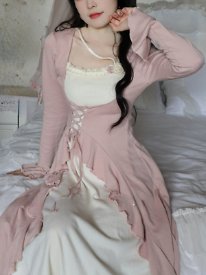 #ad French Elegant Knitted Midi Dress Woman Party Korean Fashion Fake Two Dress $47.79