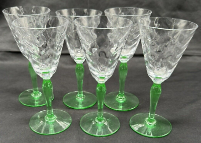 #ad Set of 6 Vintage Clear Optic Swirl Glasses with Green Uranium Stem 5quot; Tall $79.50