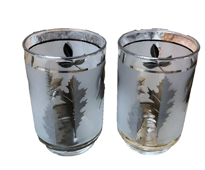 #ad Libbey Silver Leaf Glass Set 2 Frosted MCM Barware Rare Size Libby Tumbler $18.99