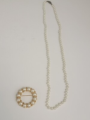 #ad Vintage Liz Claiborne Gold Tone Caged Faux Pearl Brooch w Necklace 28quot; $24.00