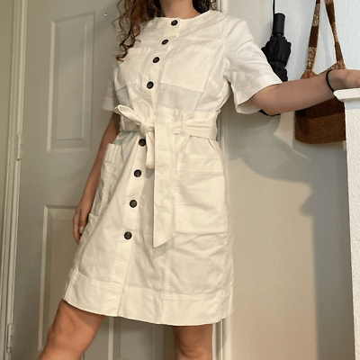 #ad Boden Belted Button Down Twill Shift Dress Sz Small Glorious British Style White $85.00