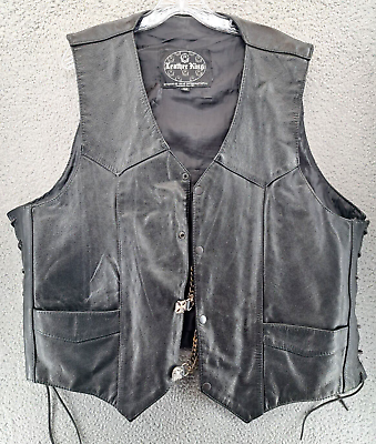 #ad VINTAGE Leather King Leather Biker Vest Mens 52 Black Extenders Conseal Carry $34.98