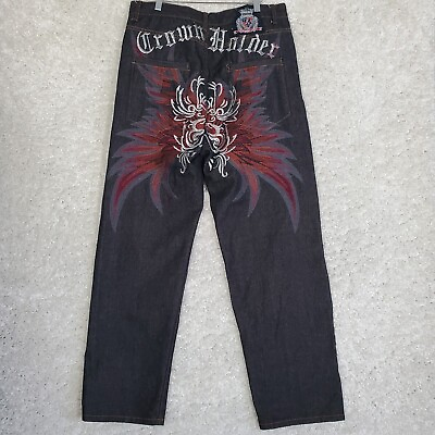 #ad Crown Holder Jeans Mens 36 Meas 34 x 30 Hip Hop Y2K Embroidered Gothic Wings $63.96