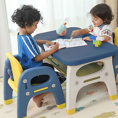 #ad TinyGeeks Kids Table Desk amp; 2 Chairs Set Dinosaur Series Blue amp; Yellow $24.95
