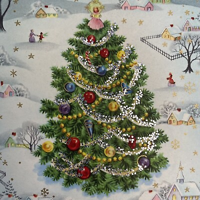 #ad Vintage Mid Century Christmas Greeting Card Glitter Garland Tree Angel Ornaments $12.50