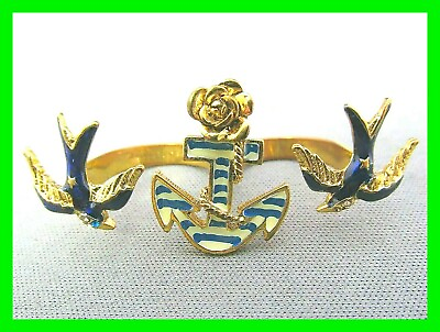 #ad UNIQUE Betsey Johnson Enamel Double Knuckle Ring Navy Sparrow Anchor Maritime $34.99
