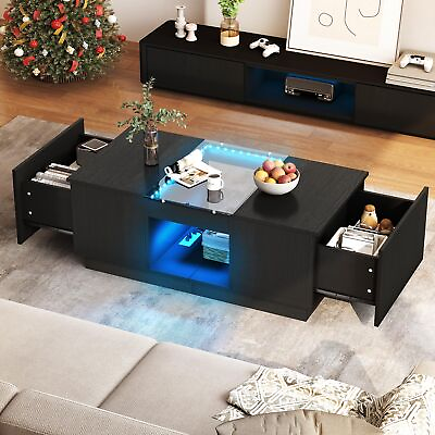 #ad Modern Coffee Table 2 Drawers with Charging Station and LED Lights End Table $108.59