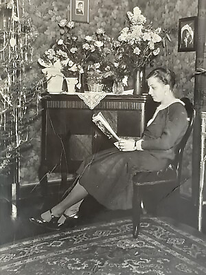 #ad beautiful woman in antique living room with flowers.vintage photo.√1 $9.99