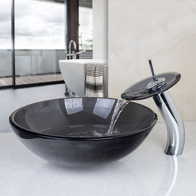 #ad US Round Bathroom Clear Black Vessel Sinks Basin Bowls Combo Mixer Tap Drain Set $99.98