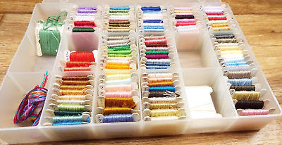 #ad Clear Box DMC Lot 100 Pc Embroidery Floss MULTI Colors Xtra Bobbins Clean $18.50