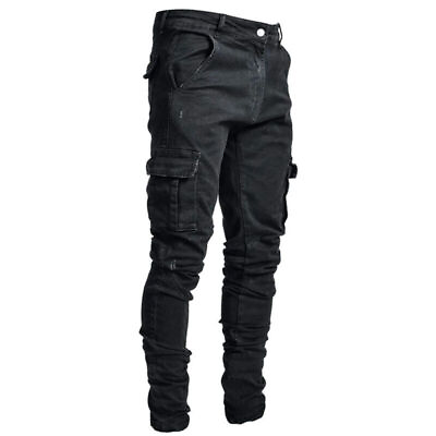 #ad Mens Casual Skinny Cargo Jeans Motorcycle Jeans Side Pocket Slim Denim Pants $53.00