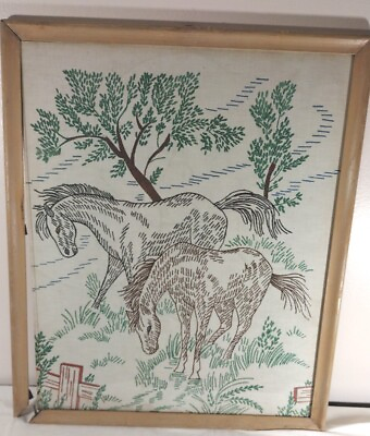 #ad Vtg Horse Textile Wall Art Original Fabric Hand Drawn Pattern Framed MCM 18 X21 $55.00