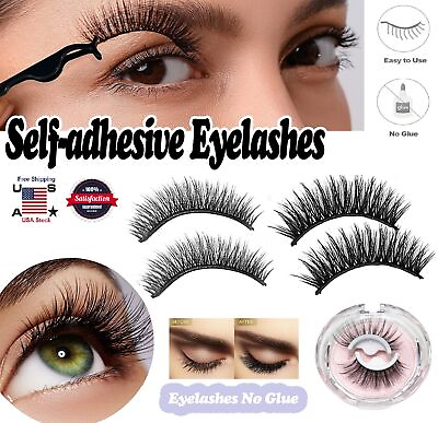 #ad 2Pcs 3D Reusable Self Adhesive Eyelashes Natural Mink Glue Free False Eyelashes $7.73