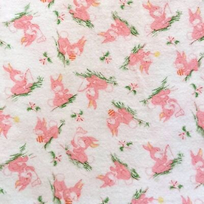 #ad Vintage Mid Century Childrens Novelty Print Flannel Fabric Pink Bunnies 34quot; BTY $24.00