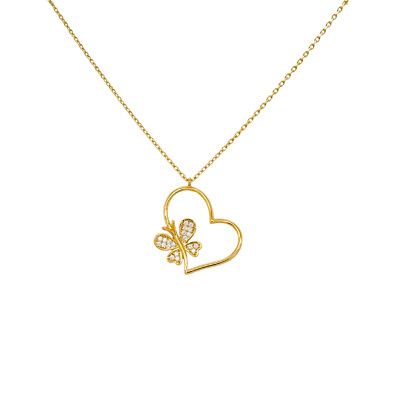 #ad 14k Gold Fancy CZ Heart amp; Butterfly Yellow Gold Adjustable Necklace $413.99