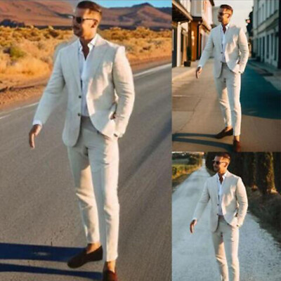 #ad Linen Men Suits 2 Pieces Set Notched Lapel Slim Fit Casual Wedding for Summer $55.19
