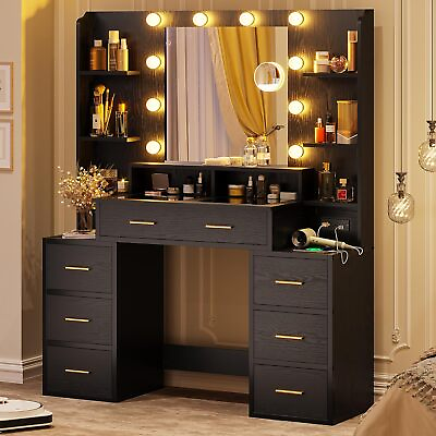 #ad LED Makeup Vanity Desk Glass Top Vanity Table with Compartment Drawers amp; Shelves $275.89