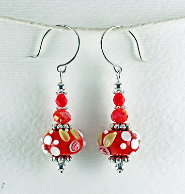 #ad Lampwork Earrings Handmade Red Glass Bead Flower Dangle Drop w Sterling Earhooks $12.95
