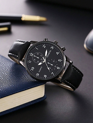 #ad Men New Quartz Watch Casual Work Black Leather Band Analog Stainless Watch Gift $9.11